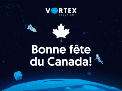 Équipe de Vortex Solution, agence web canadienne, avec le drapeau du Canada